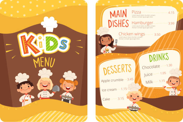 Kids menu. Childrens cooking food little chef restaurant eating menu for little happy peoples vector cartoon template Kids menu. Childrens cooking food little chef restaurant eating menu for little happy peoples vector cartoon template. Uniform chef children, childish menu restaurant illustration cooking backgrounds stock illustrations