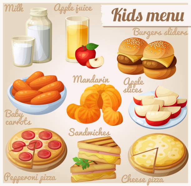 stockillustraties, clipart, cartoons en iconen met menu van de kinderen. set van cartoon vector voedsel pictogrammen - plate hamburger