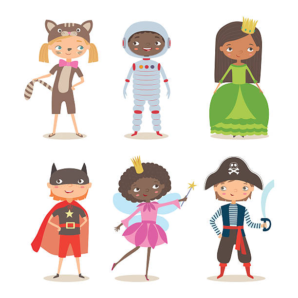 Kids of different nation in costumes for party or holiday Kids of different nation in costumes for party or holiday. Pirate, fairy, superhero, princess, astronaut and kitten costume. Cartoon vector illustration of boys and girls in different costume stage costume stock illustrations