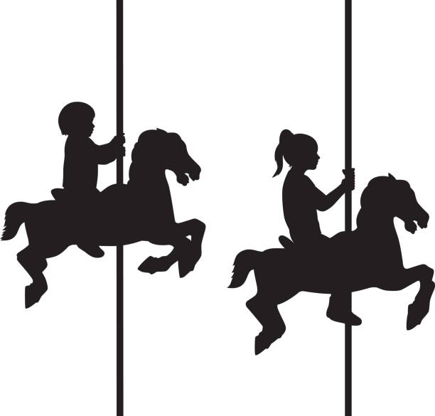 Kids on Carousel Silhouettes Vector silhouettes of two children riding horses on a carousel. carousel horses stock illustrations