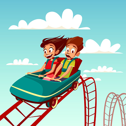 Kids on rides vector cartoon illustration of boy and girl riding on rollercoaster in amusement park