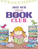 Cute flyer for an online childrens reading club. Text is on a separate layer for easier editing. You can move objects around by releasing the clipping mask on. the layer with the books