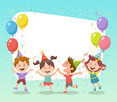 Happy group of kids celebrating a party with balloons, party hats and confetti. Template for making birthday cards, invitations, photo frames and backgrounds.