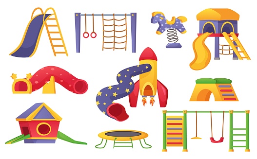 Kids playground elements, children park play equipment. Cartoon slide, swing, trampoline, horse, playset for outdoor kindergarten vector set