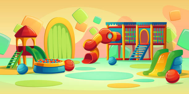 Kids playground with carousel and slide Kids playground in play park with spiral tube slide, houses and ball pool. Vector cartoon empty interior of amusement center, daycare or kindergarten for kids indoor playground stock illustrations
