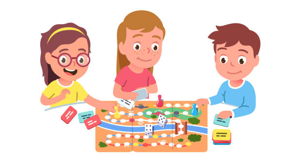 Kids playing board game together. Boy, two girls throwing dice, moving pieces playing path boardgame sitting at table. Leisure activity and child social development. Flat vector character illustration Kids playing board game together. Boy, two girls throwing dice, moving pieces playing path boardgame sitting at table. Leisure activity and child social development. Flat style vector character isolated illustration chess clipart stock illustrations