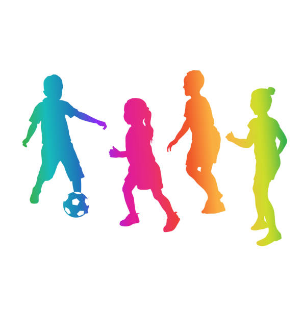 Kids Playing Football Rainbow Four little kids playing soccer together pink soccer balls stock illustrations