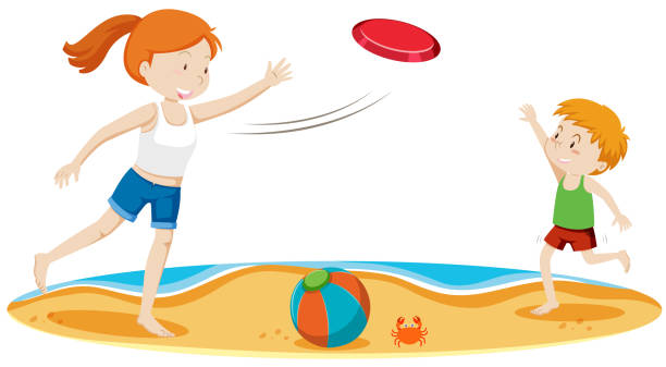 Kids Playing Frisbee at Beach Kids Playing Frisbee at Beach illustration frisbee clipart stock illustrations