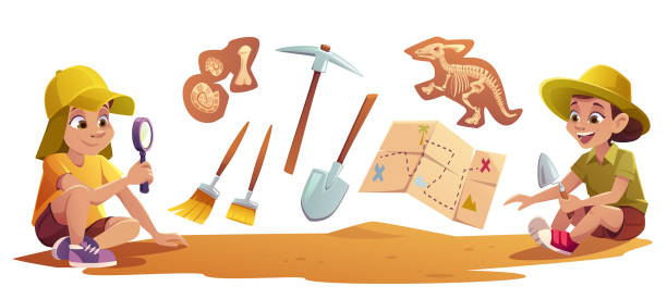 Kids playing in archaeologists working excavations Kids playing in archaeologists working on paleontology excavations digging soil with shovel and exploring artifacts with magnifying glass. Children study dinosaurs fossil. cartoon vector illustration archaeology stock illustrations