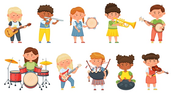 Kids playing musical instruments, children orchestra music hobby. Cute boys and girls musicians playing on guitar, drums, violin vector set
