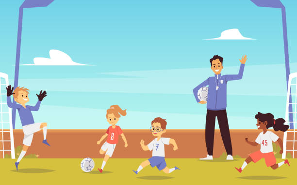 kinder spielen fußballspiel - cartoon-banner mit kindern in sport-teams - fußball trainer kinder stock-grafiken, -clipart, -cartoons und -symbole