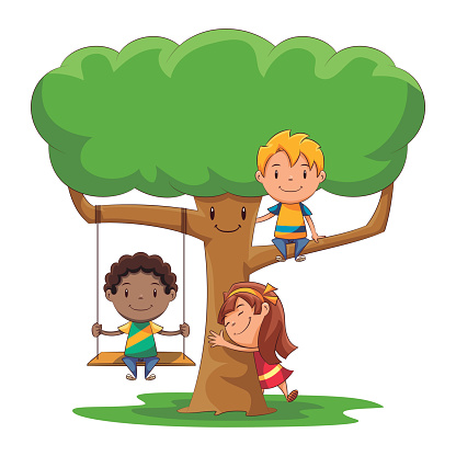 Kids playing, tree