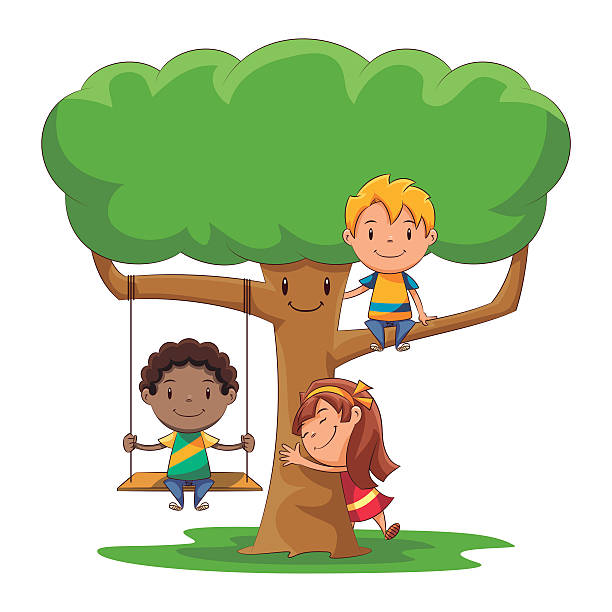 stockillustraties, clipart, cartoons en iconen met kids playing, tree - klimbos
