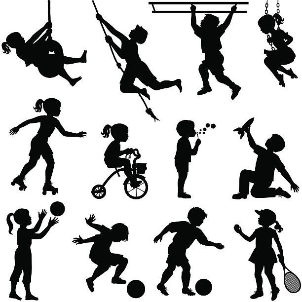 Kids Playing Silhouettes of boys and girls playing including playing with balls, tennis, skating, blowing bubbles, swinging from the monkey bars, riding a tricycle, swinging from a tire swing, playing with a toy rocket, etc. rocketship silhouettes stock illustrations