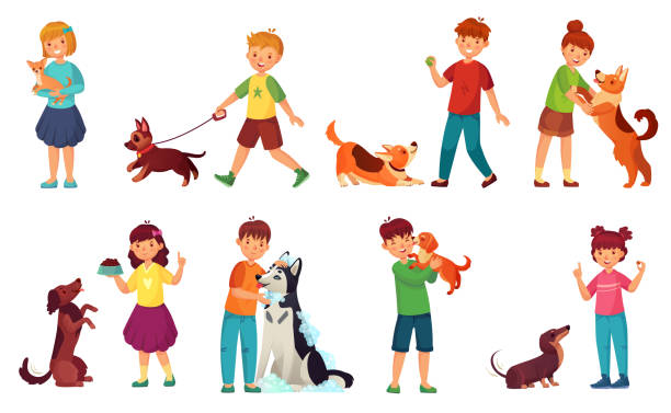 stockillustraties, clipart, cartoons en iconen met kinderen spelen met honden. kind voeding hond, huisdier dierenzorg en kind lopen met schattige puppy cartoon vector illustratie set - hugging outside