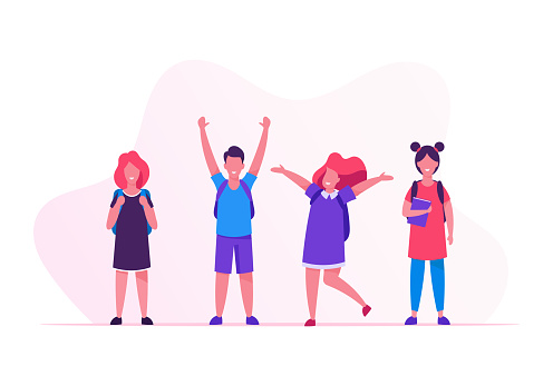 Kids Pupils with Backpacks Rejoice with Hands Up Standing in Row. Group of Children Come to School to Get Education. Happy Crowd of Classmates Girls and Boys in Line Cartoon Flat Vector Illustration