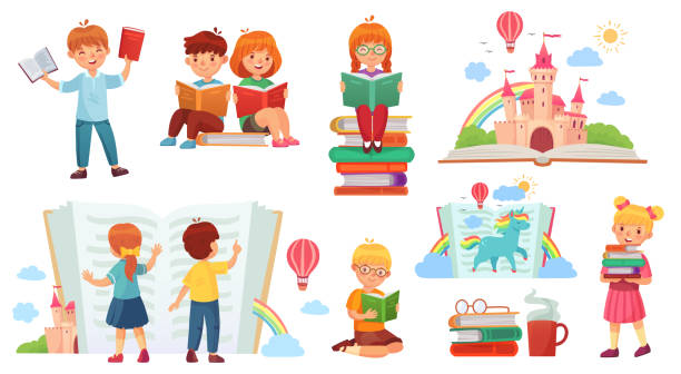 ilustrações de stock, clip art, desenhos animados e ícones de kids reading book. cartoon child library, happy kid read books and book stack isolated vector illustration - child reading