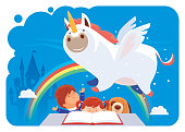 vector illustration of kids reading with unicorn