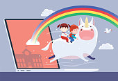 vector illustration of kids riding on unicorn with laptop