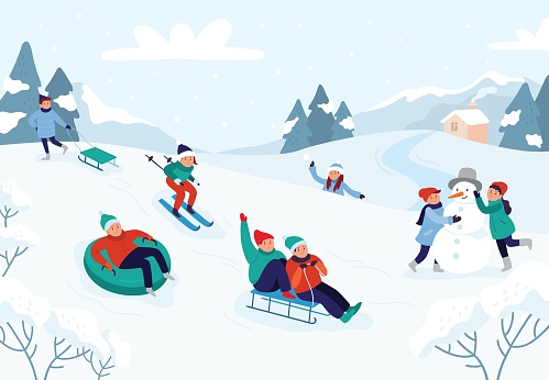 Kids riding sledding slide. Snow landscape, winter snowy fun activities vector illustration