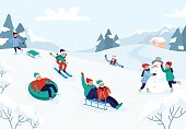 Kids riding sledding slide. Snow landscape, winter snowy fun activities. Sled speed riding or childhood holiday sledge ride game activity vector illustration
