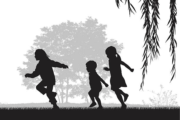 Kids Running Outdoors A vector silhouette illustration of three young children running outside on the grass. family silhouettes stock illustrations
