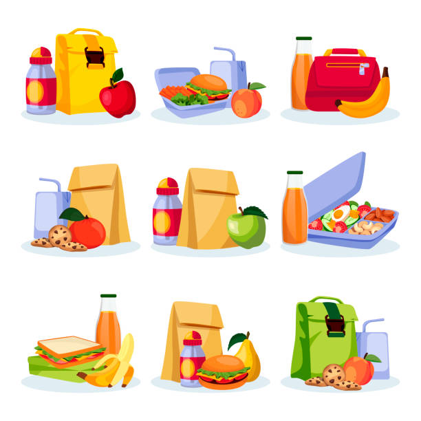 Kids school healthy lunch and snacks. Vector flat cartoon illustration. Lunchboxes with home made meal and drinks Kids school healthy lunch and snacks. Vector flat cartoon illustration. Lunchboxes with home made meal, apple, banan and drinks. Food icons isolated on white background. healthy dinner stock illustrations