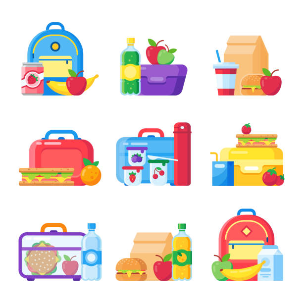 Kids school lunch box. Schoolkid meal bag for dinner. Red apple, milk snack dinners in children food boxes flat vector set Kids school lunch box. Schoolkid meal bag for dinner. Red apple, milk child hamburger fresh snack dinners meal in children food boxes and plastic sandwich bag flat icon colorful vector isolated set lunch box stock illustrations