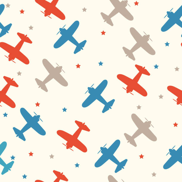 Kids seamless pattern with airplanes colorful. White background. Kids seamless pattern with airplanes, stars colorful. White background. Baby pattern. airplane backgrounds stock illustrations