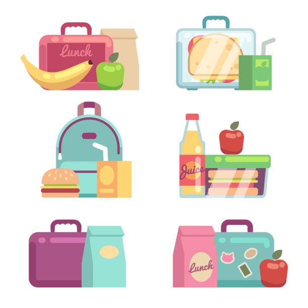 Kids snacks. School lunch boxes vector set Kids snacks. School lunch boxes vector set. Container with dinner, lunchbox and lunchtime illustration lunch box stock illustrations