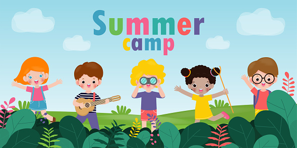 kids summer camp background education Template for advertising brochure or poster, happy children doing activities on camping, poster flyer template, your text ,Vector Illustration