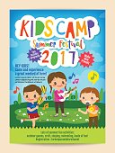 kids summer camp education advertising poster flyer template with illustration of children singing and playing music in background