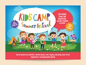 kids summer camp education advertising poster flyer template with illustration of children doing activities on camping