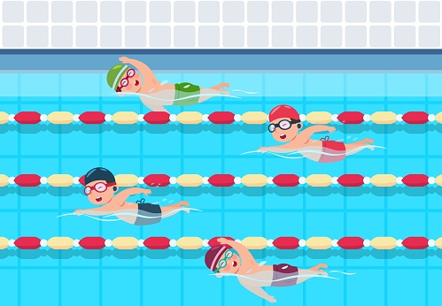 Kids swim. Childrens swimming competition in pool. Sports athletics children vector illustration