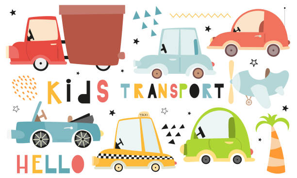 kinder-transport-set - lustige autos stock-grafiken, -clipart, -cartoons und -symbole