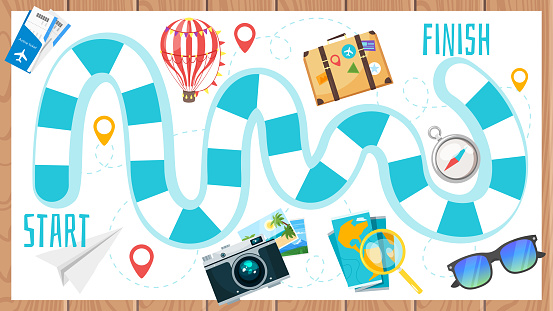 Vector cartoon style illustration of kids travel and tourism board game template. For print. Horizontal composition with journey icons. Wooden background. vector