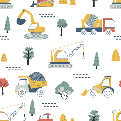 Kids truck seamless pattern. Doodle trucks, construction vehicles with crane. Children apparel print template with car. Scandinavian nowaday vector background