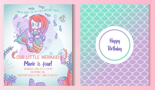 Kids under the sea birthday party invitation card. Kids birthday party front and back invitation card with cute little mermaid and marine life