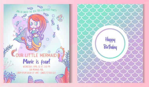 Kids under the sea birthday party invitation card. Kids birthday party front and back invitation card with cute little mermaid and marine life  happy birthday in danish stock illustrations