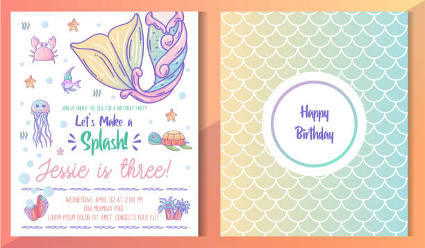 Kids under the sea birthday party invitation card. Kids birthday party front and back invitation card with cute little mermaid and marine life  happy birthday in danish stock illustrations