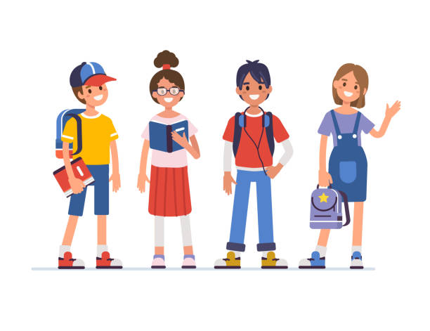 kids School kids standing together.  Flat  cartoon style vector illustration isolated on white background. girls stock illustrations