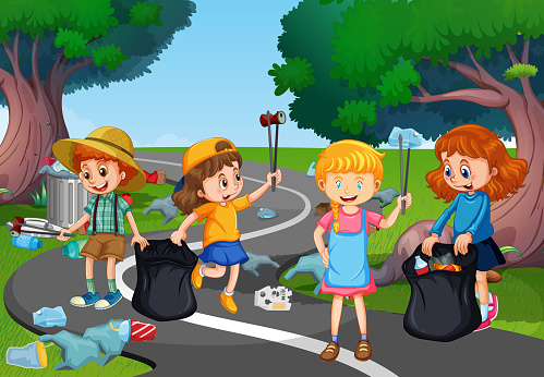 Kids Volunteering Cleaning Up Park Stock Illustration - Download Image ...