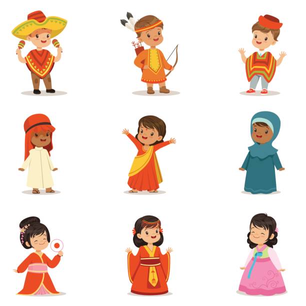 Kids Wearing National Costumes Of Different Countries Collection Of Cute Boys And Girls In Clothes Representing Nationality Kids Wearing National Costumes Of Different Countries Collection Of Cute Boys And Girls In Clothes Representing Nationality. Small Children In Cultural Disguise Series Of Cartoon Vector Illustrations mini fan stock illustrations