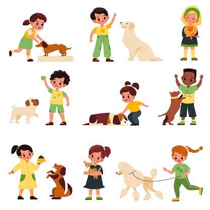 Kids with dogs. Children with different dog breeds poodle and labrador, pug and dachshund, little pet owners, boys and girls playing, feeding and care with animals vector cartoon set