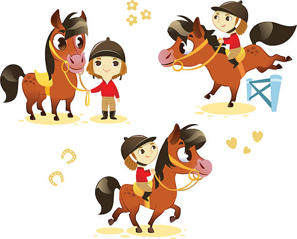 Kids with horses  pony stock illustrations