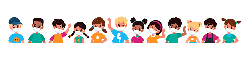 Kids with mask. Children in medical masks for protect disease, flu, smog and covid-19. Multiethnic group boys and girls stop spread viruses beware epidemic cartoon flat vector illustration