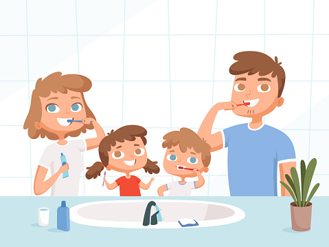 Kids with parents washing. Teeth brush sink toilet daily routine dental hygiene vector cartoon family