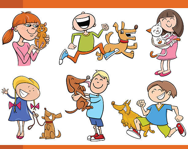 bildbanksillustrationer, clip art samt tecknat material och ikoner med kids with pets cartoon set - cat leash