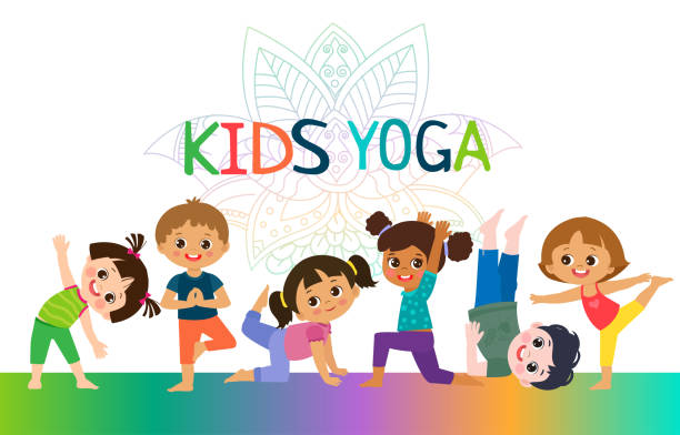 çocuklar yoga yatay afiş tasarım kavramı. kızlar ve çocuklar içinde yoga pozisyon vektör illustration. - yoga stock illustrations