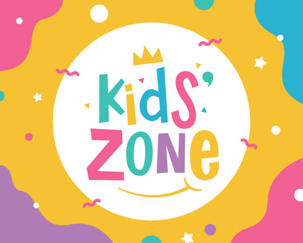 Kids zone banner template Kids zone vector cartoon label. Colorful lettering for children's playroom decoration childhood stock illustrations
